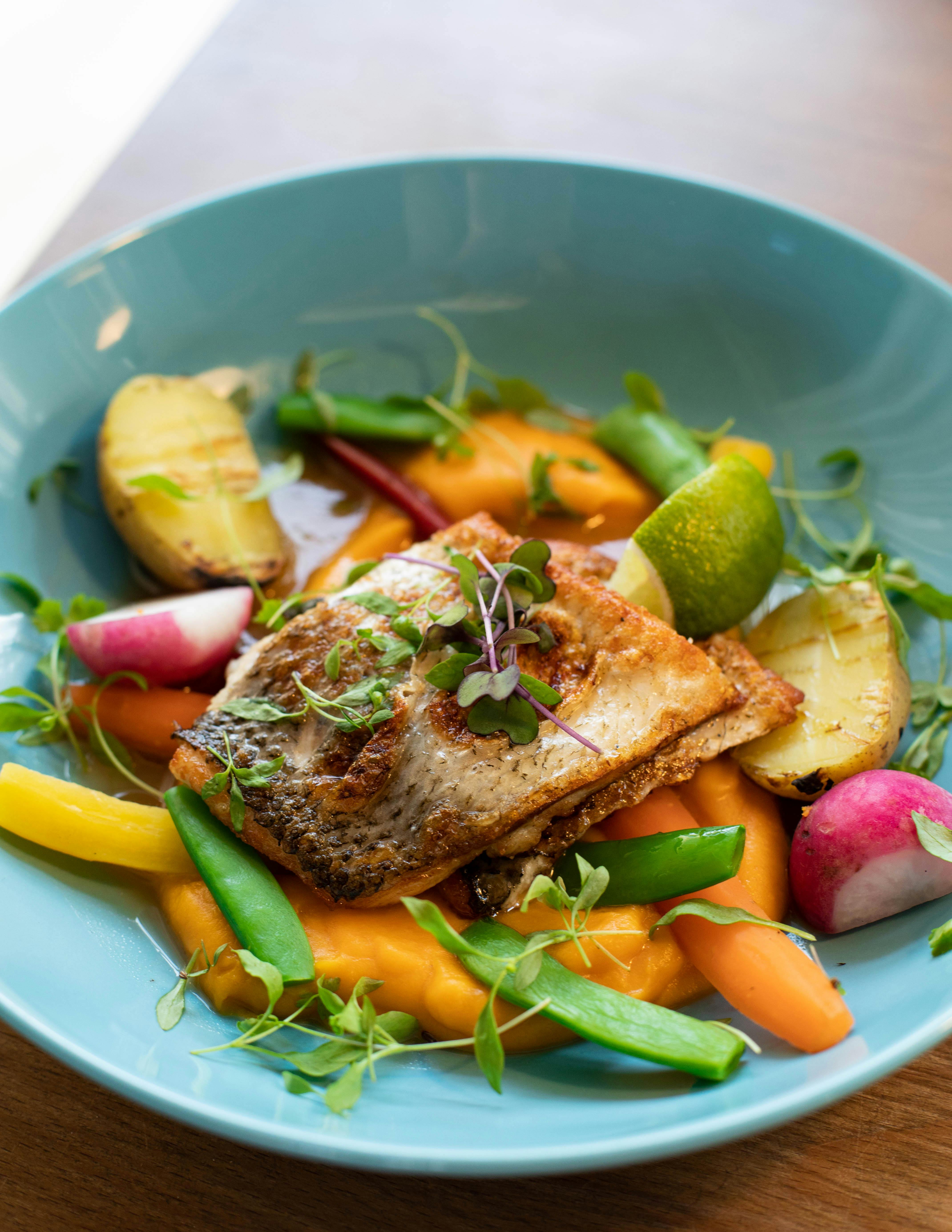 Pan-seared white fish fillet served with salad and sauce